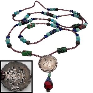 Signed Carlisle Sterling Necklace Beads Gemstones‎ Star Native American Rare 53"